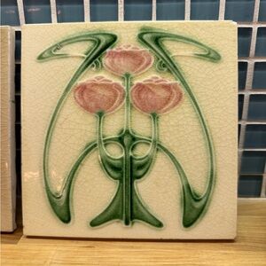 Art Nouveau Floral Tile with Green and Pink Design